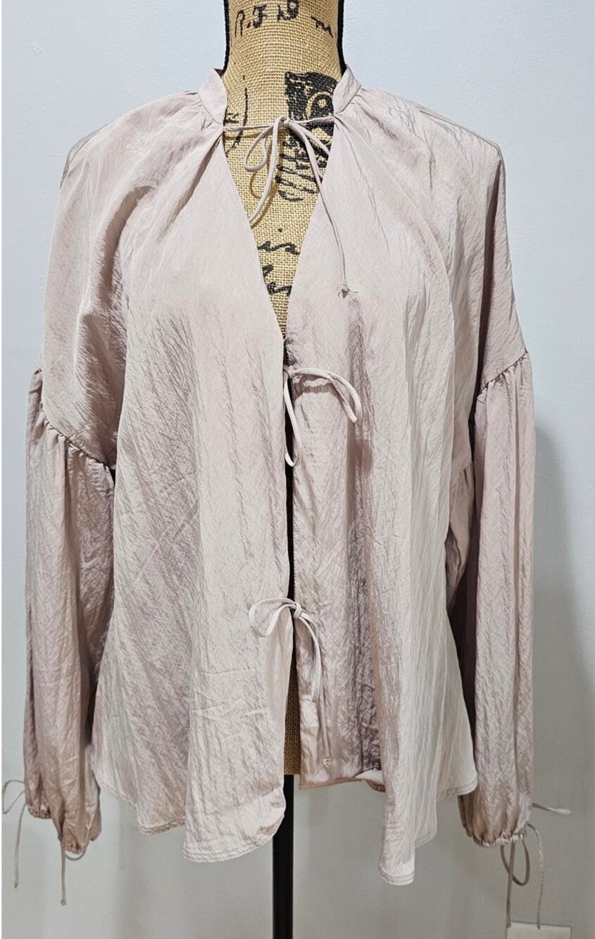 Topshop Blouse Cardigan Tie Front, Ruffle, Beige, New, Drop Sleeve , Sz 6, New